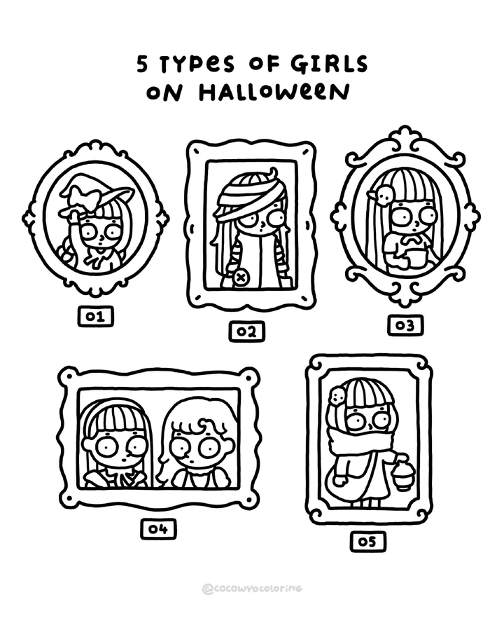 Une page de coloriage avec cinq types de filles à Halloween